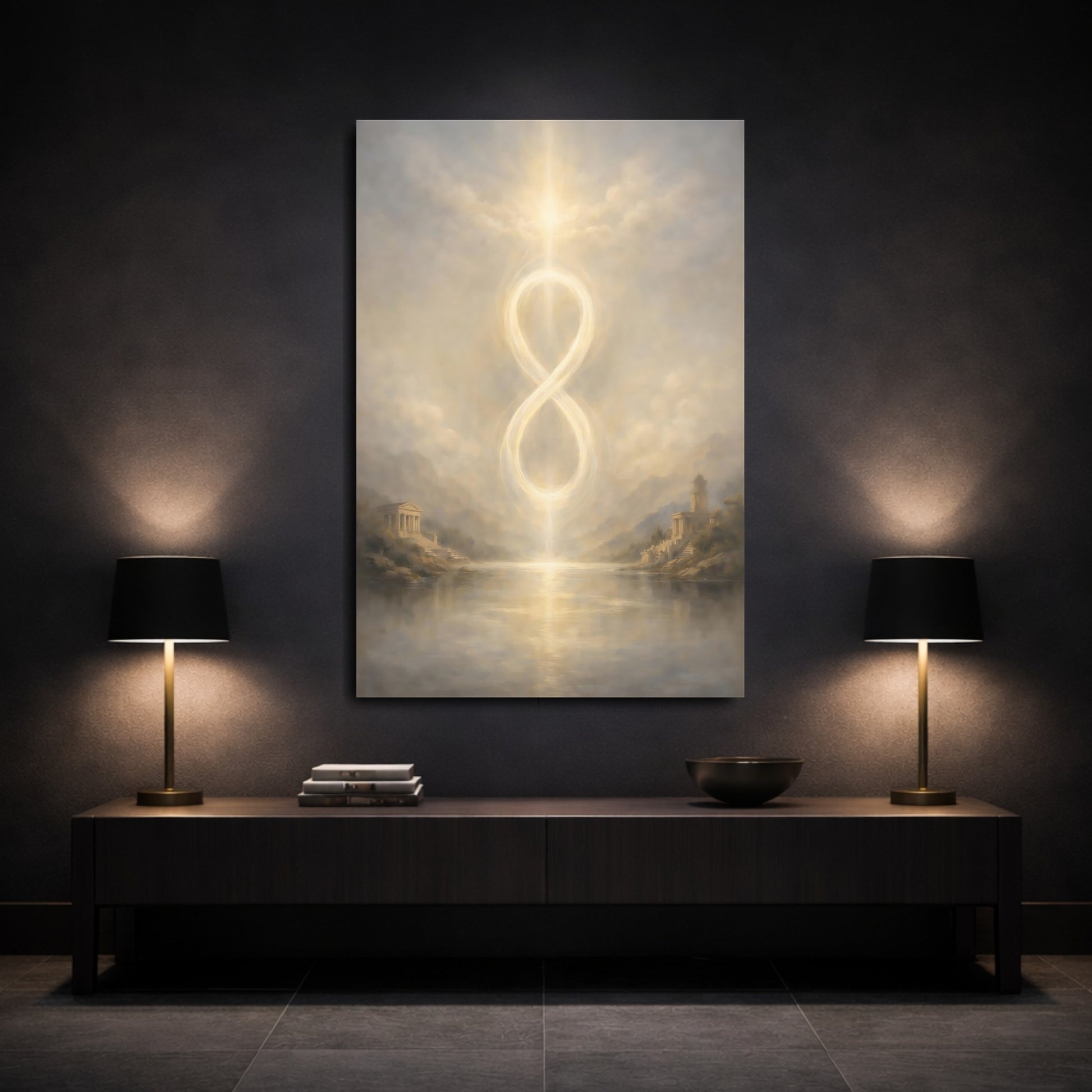 Mockup 2. Abstract Infinity Symbol Golden Infinity shown as stretched canvas wall art