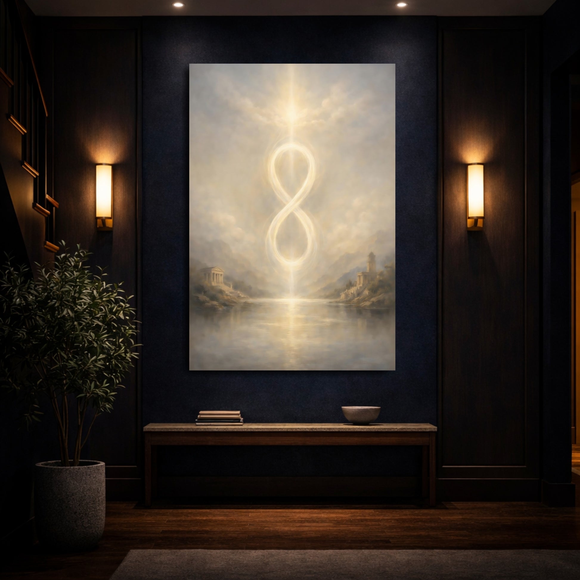 Mockup 3. Abstract Infinity Symbol Golden Infinity shown as stretched canvas wall art