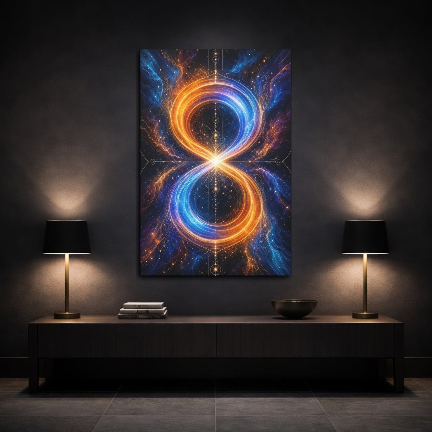 Mockup 3. Abstract Infinity Symbol Orange And Blue shown as stretched canvas wall art