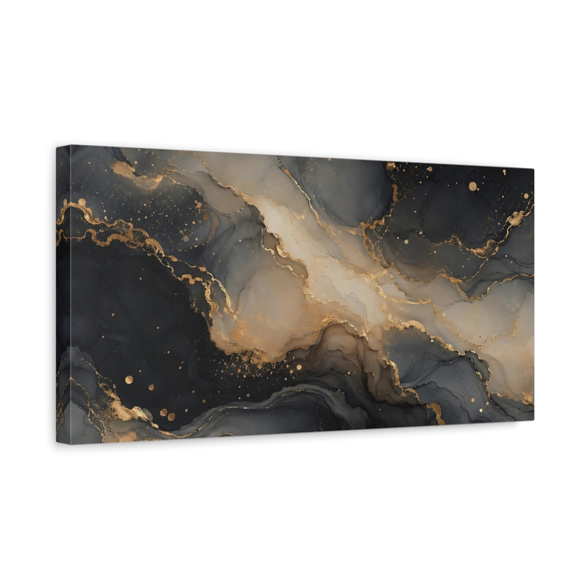 Side Mockup 3. Abstract Abstract Ink Black Gold Abstract shown as stretched canvas wall art