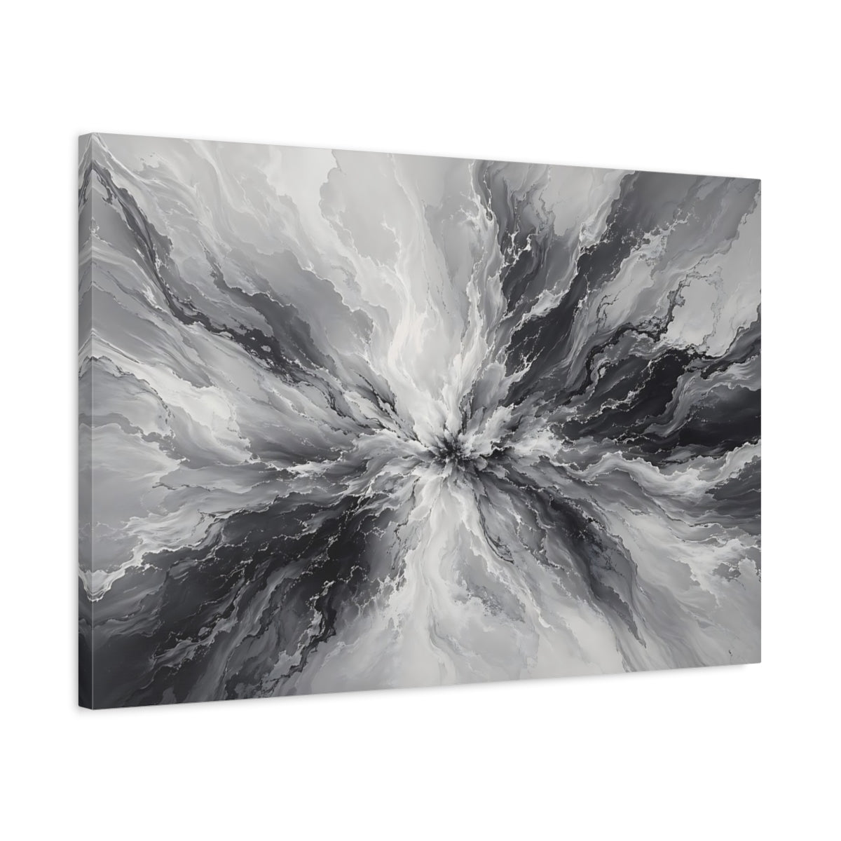 Side Mockup 2. Abstract Ink Explosion Monochrome Ink Abstract shown as stretched canvas wall art