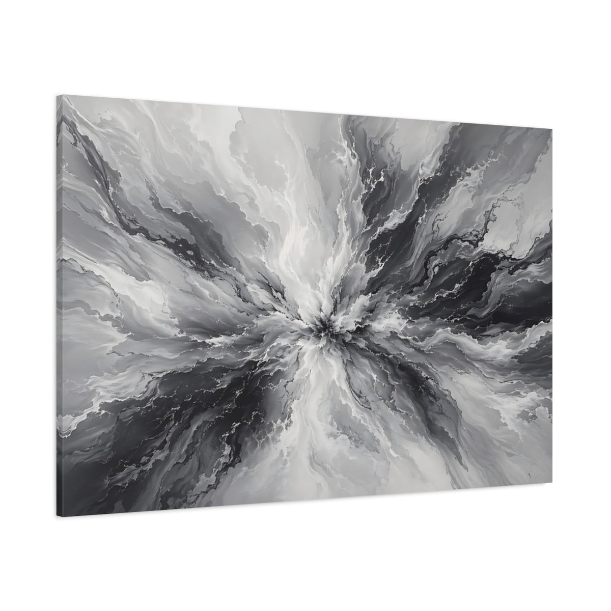 Side Mockup 1. Abstract Ink Explosion Monochrome Ink Abstract shown as stretched canvas wall art
