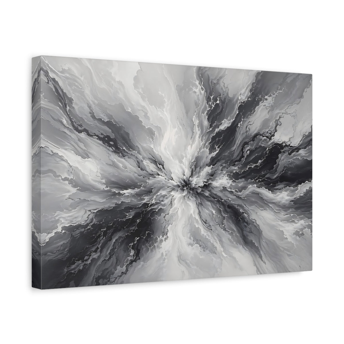 Side Mockup 4. Abstract Ink Explosion Monochrome Ink Abstract shown as stretched canvas wall art