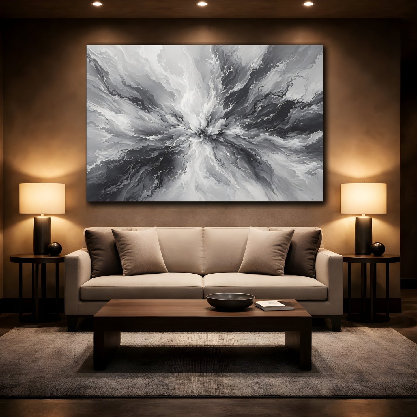 Mockup 2. Abstract Ink Explosion Monochrome Ink Abstract shown as stretched canvas wall art