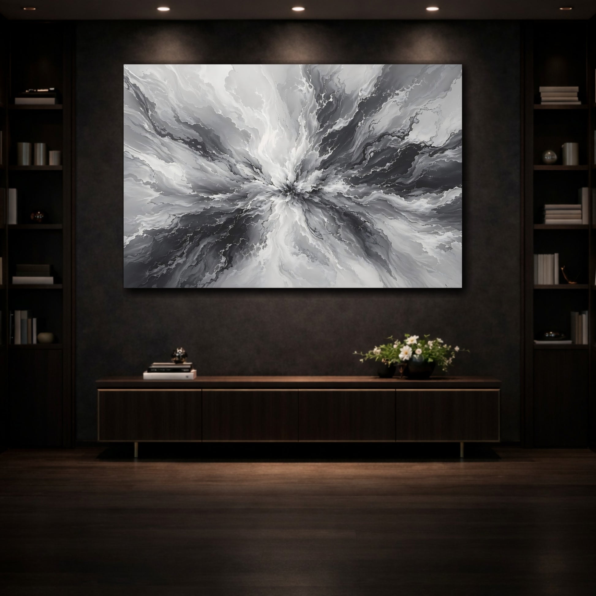Mockup 3. Abstract Ink Explosion Monochrome Ink Abstract shown as stretched canvas wall art