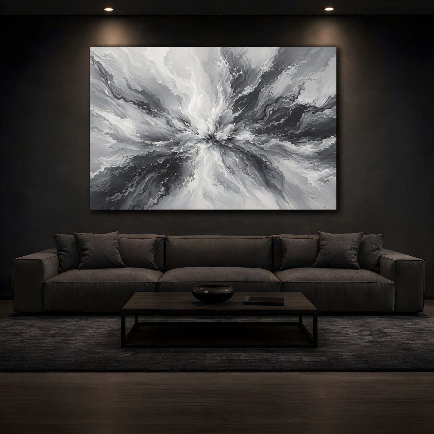 Mockup 4. Abstract Ink Explosion Monochrome Ink Abstract shown as stretched canvas wall art