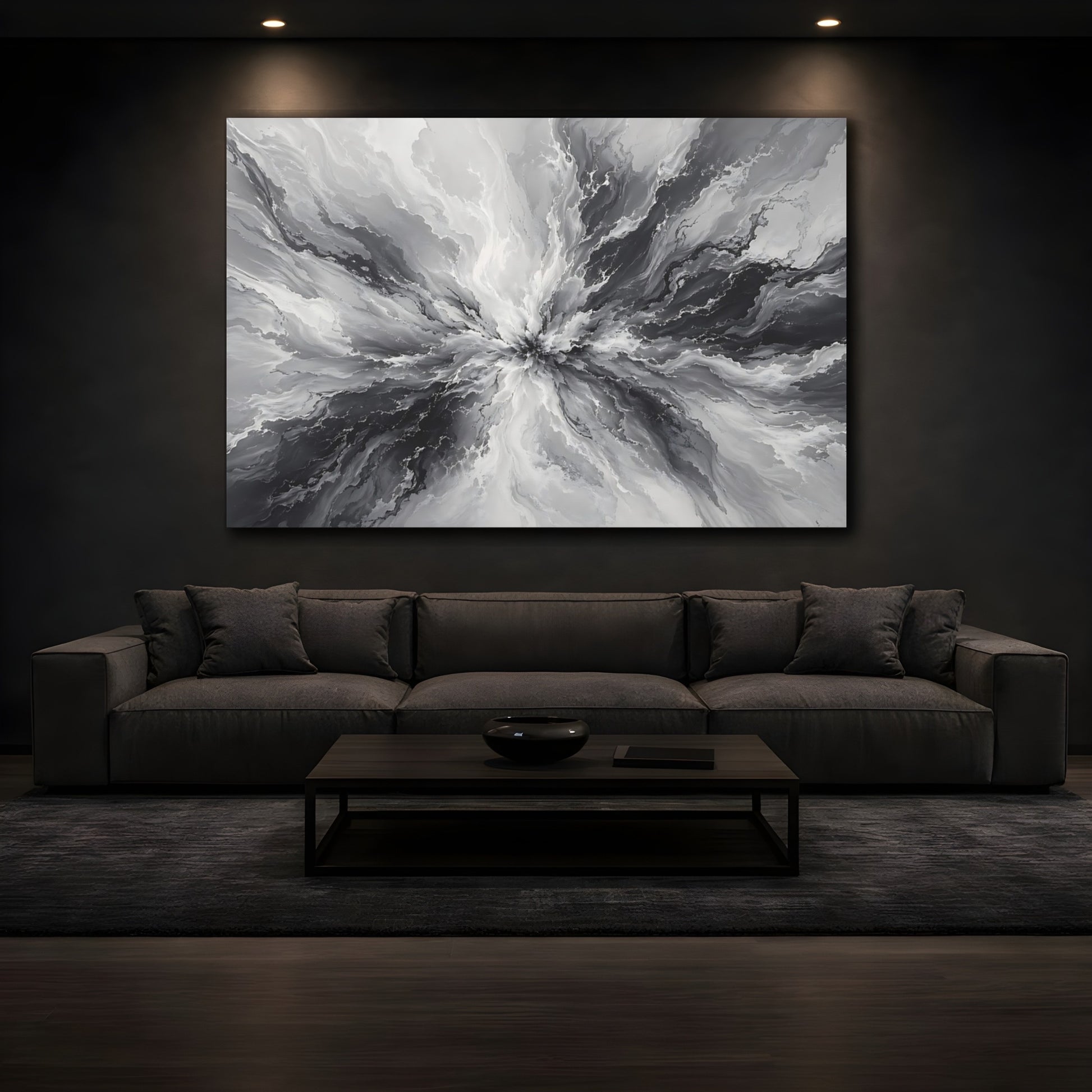 Mockup 4. Abstract Ink Explosion Monochrome Ink Abstract shown as stretched canvas wall art