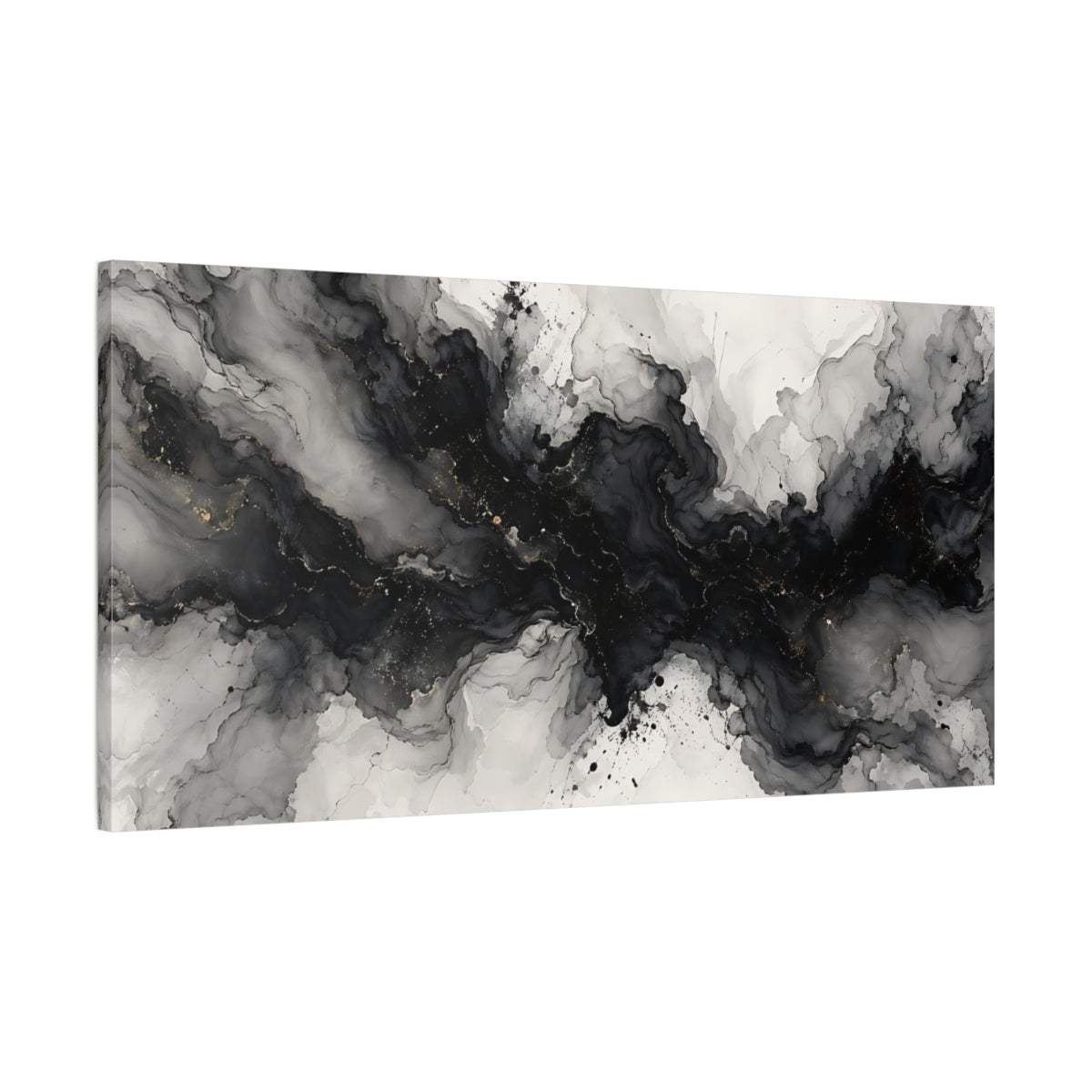 Main Mockup. Abstract Ink Flow Black And Gold Abstract shown as stretched canvas wall art