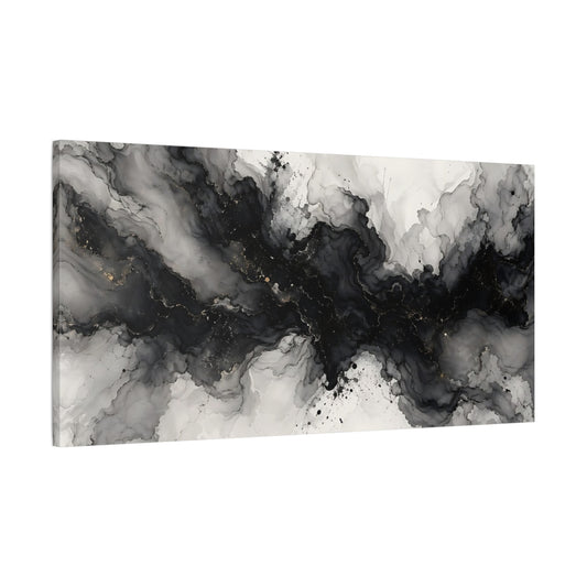 Main Mockup. Abstract Ink Flow Black And Gold Abstract shown as stretched canvas wall art