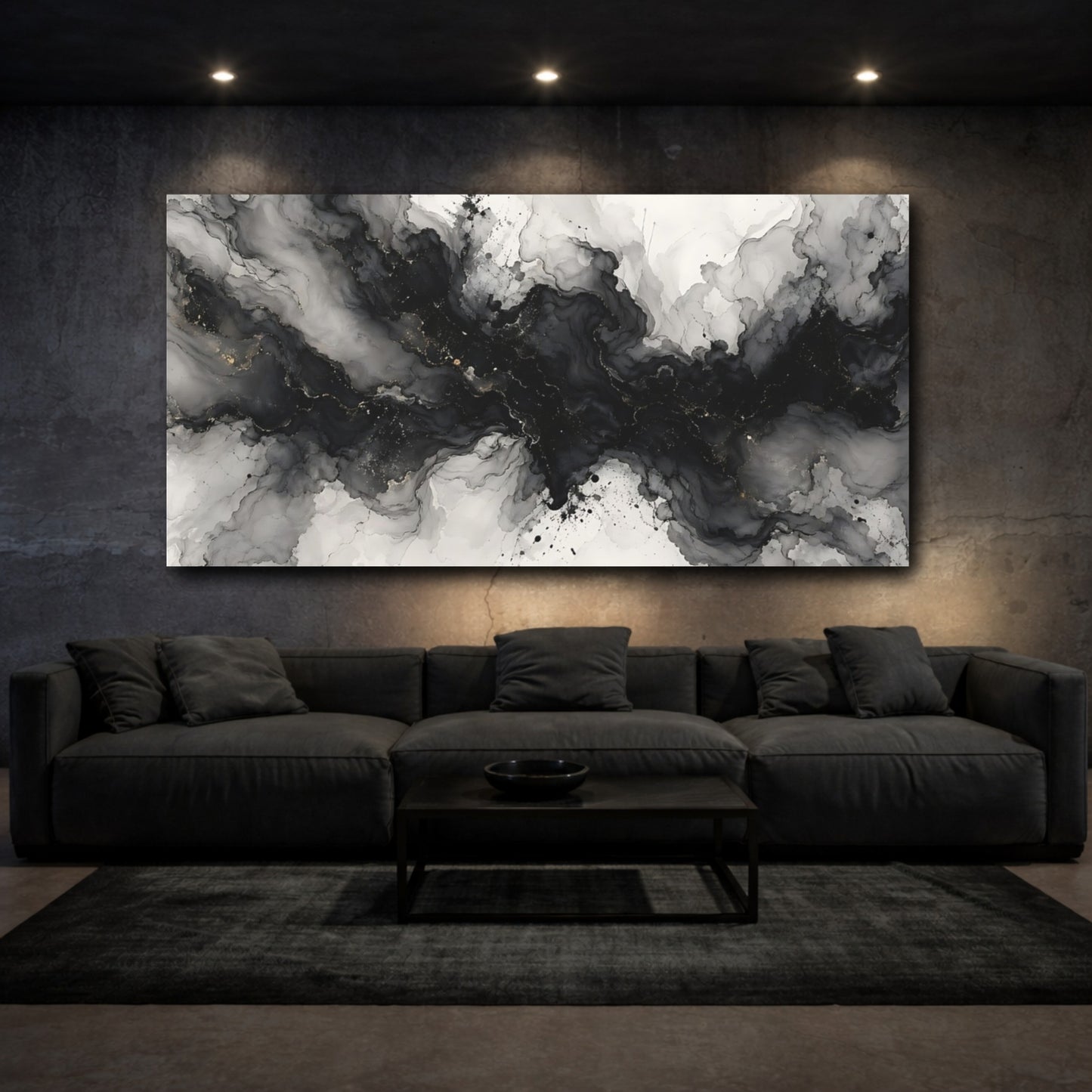 Mockup 2. Abstract Ink Flow Black And Gold Abstract shown as stretched canvas wall art