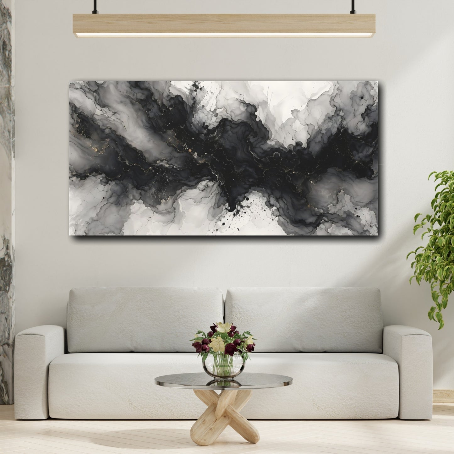 Mockup 3. Abstract Ink Flow Black And Gold Abstract shown as stretched canvas wall art