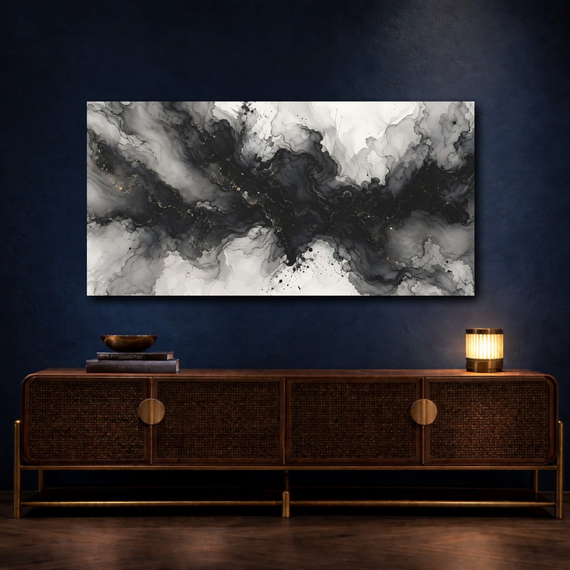 Mockup 4. Abstract Ink Flow Black And Gold Abstract shown as stretched canvas wall art