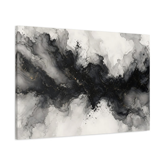 Main Mockup. Abstract Ink Flow Black And Gold shown as stretched canvas wall art