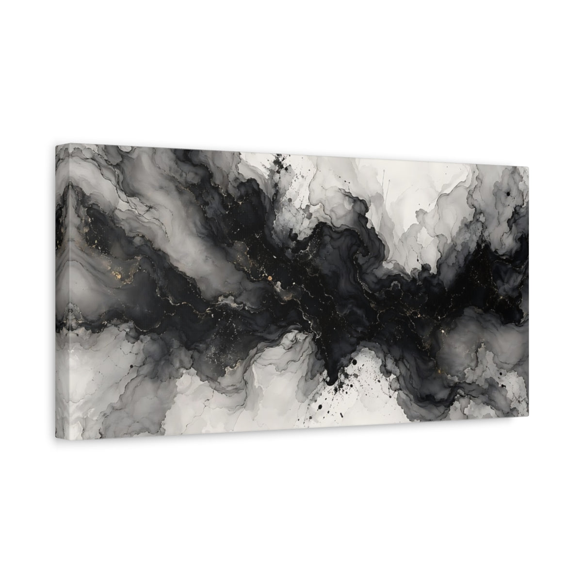 Side Mockup 3. Abstract Ink Flow Black And Gold Abstract shown as stretched canvas wall art
