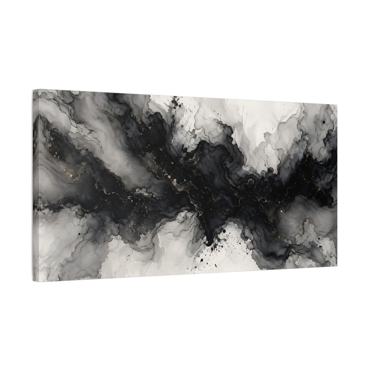 Side Mockup 1. Abstract Ink Flow Black And Gold Abstract shown as stretched canvas wall art