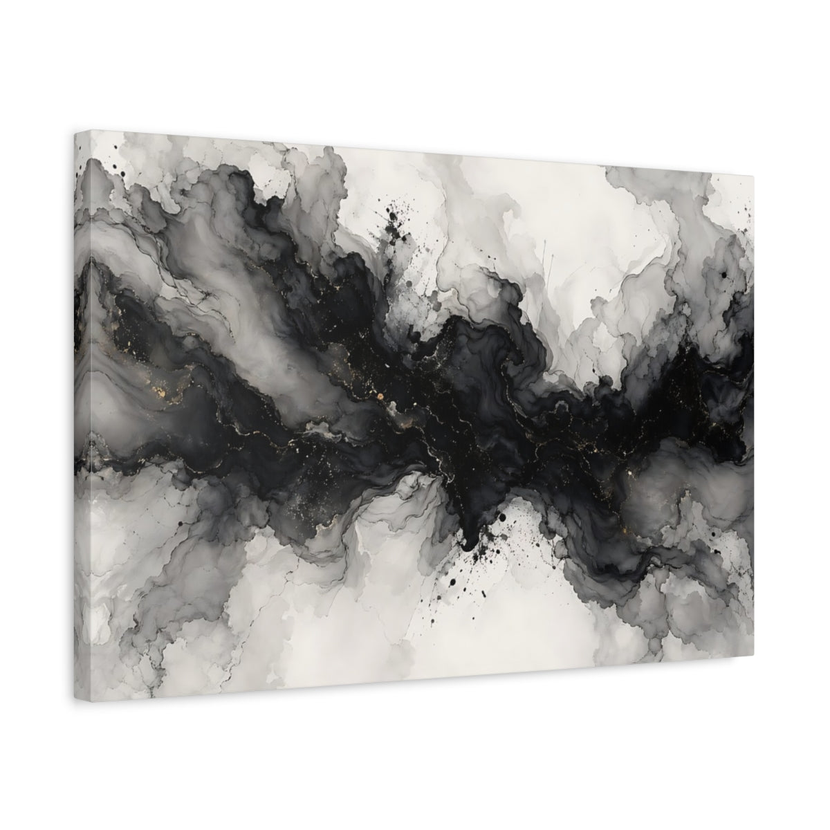 Side Mockup 3. Abstract Ink Flow Black And Gold shown as stretched canvas wall art