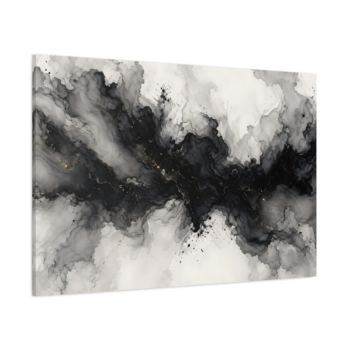 Side Mockup 1. Abstract Ink Flow Black And Gold shown as stretched canvas wall art