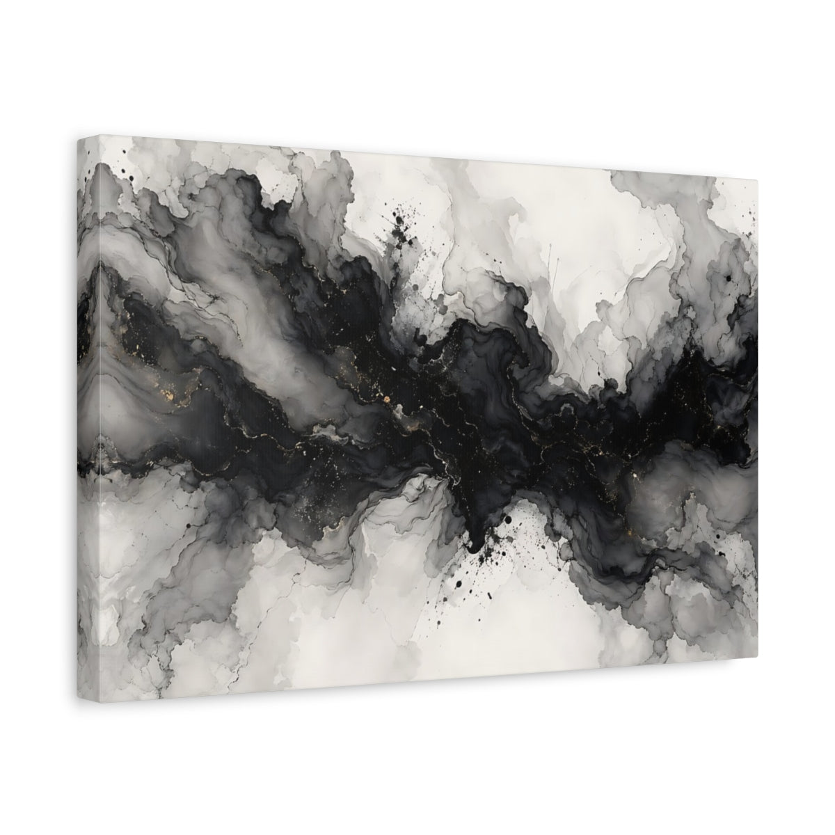 Side Mockup 4. Abstract Ink Flow Black And Gold shown as stretched canvas wall art