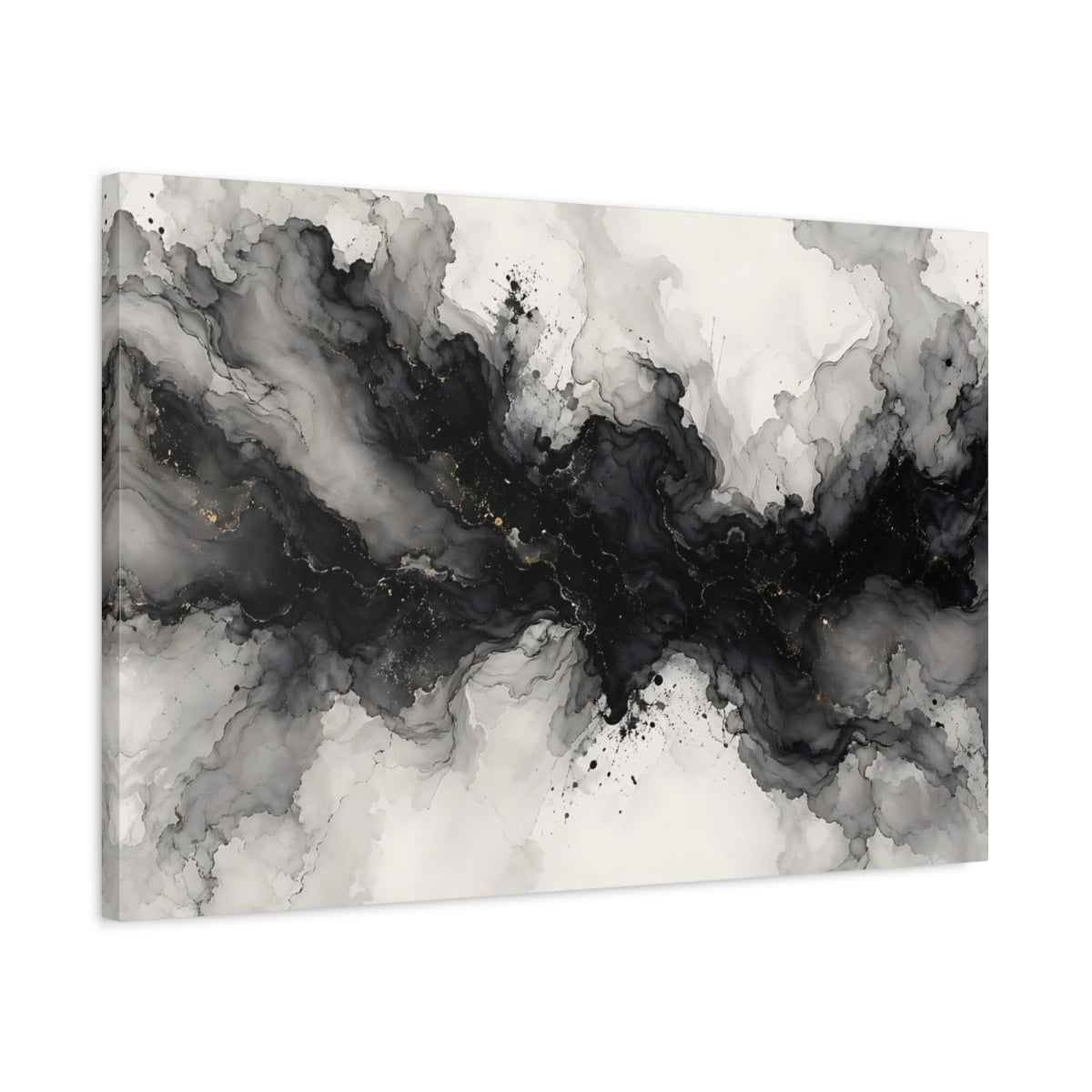 Side Mockup 2. Abstract Ink Flow Black And Gold shown as stretched canvas wall art