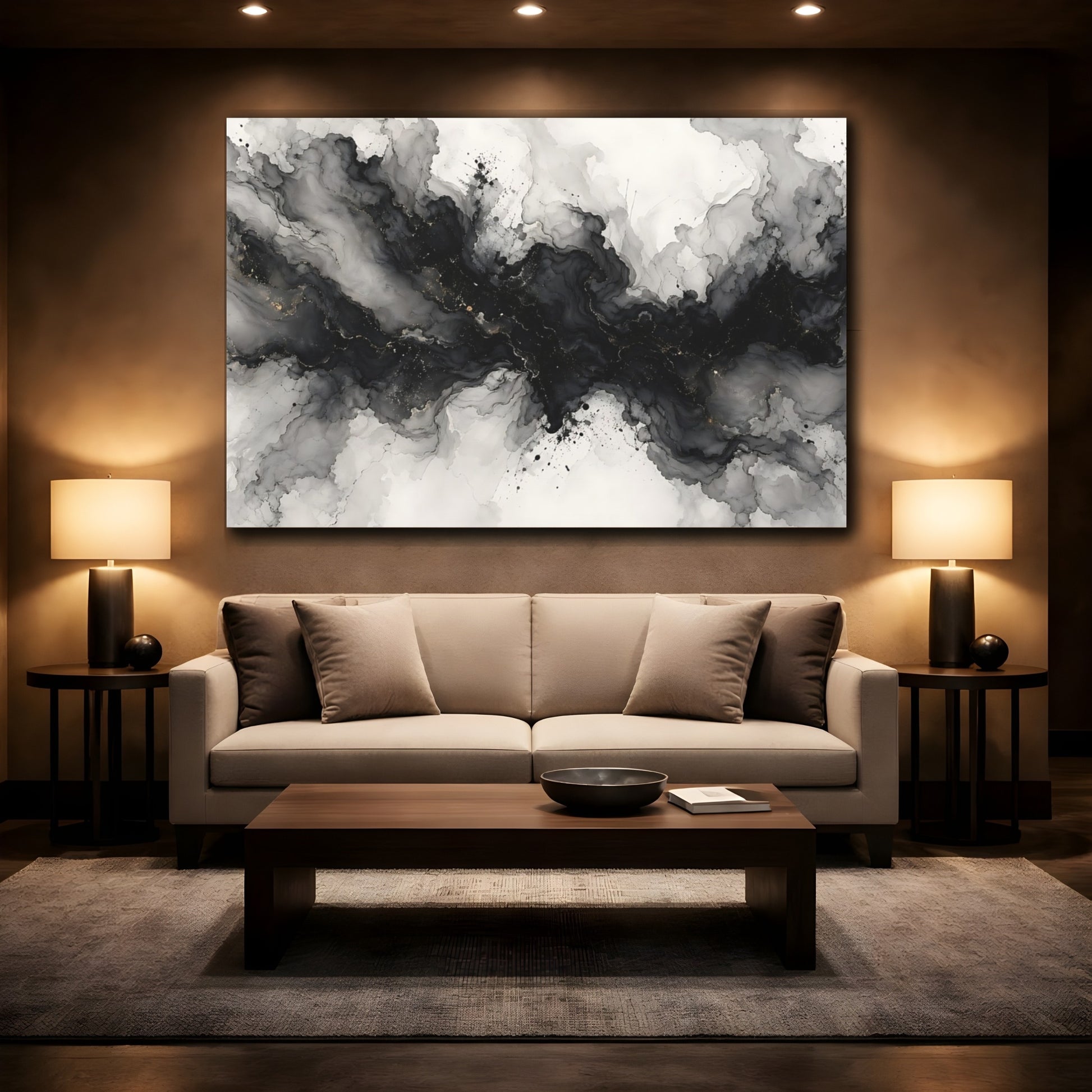 Mockup 2. Abstract Ink Flow Black And Gold shown as stretched canvas wall art