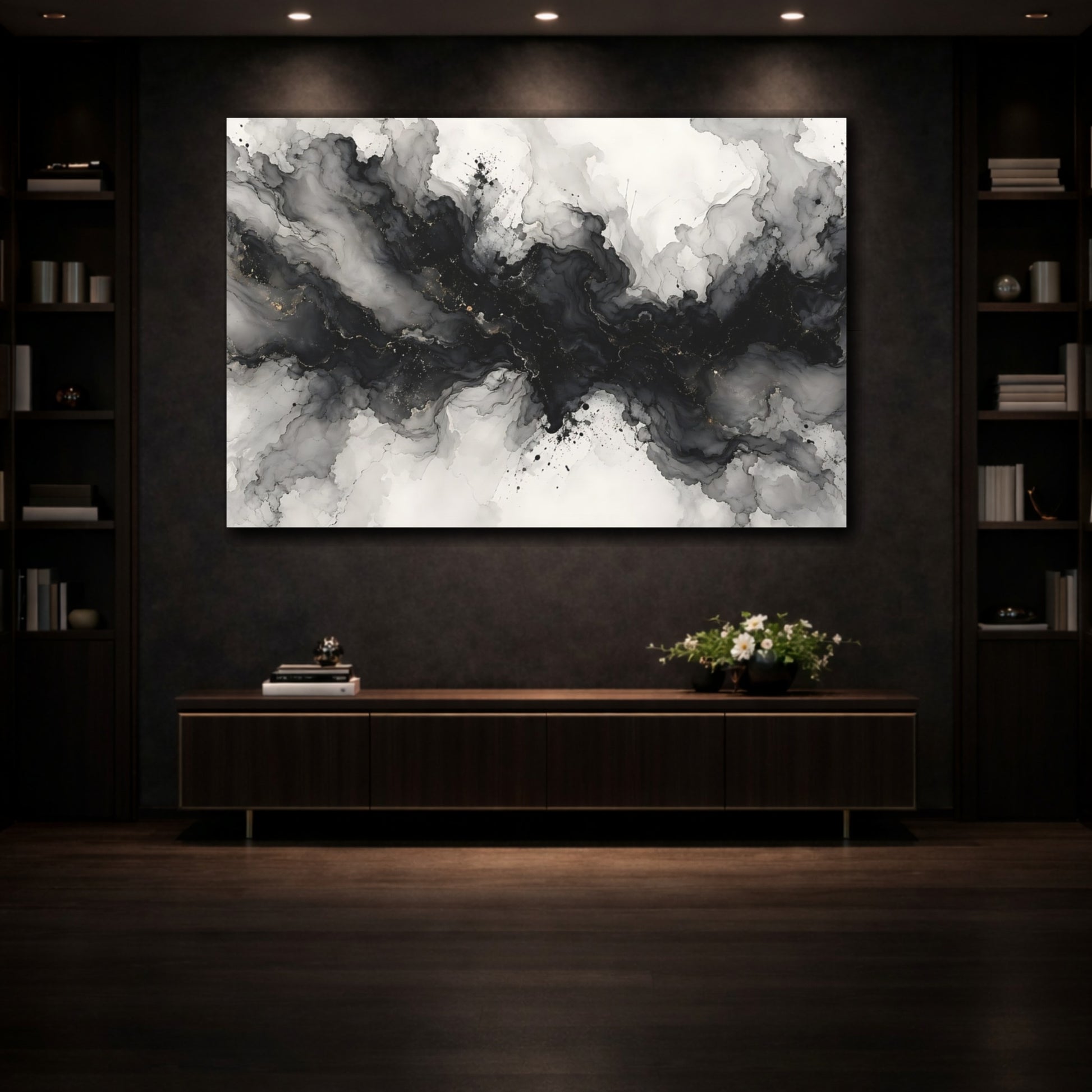 Mockup 3. Abstract Ink Flow Black And Gold shown as stretched canvas wall art