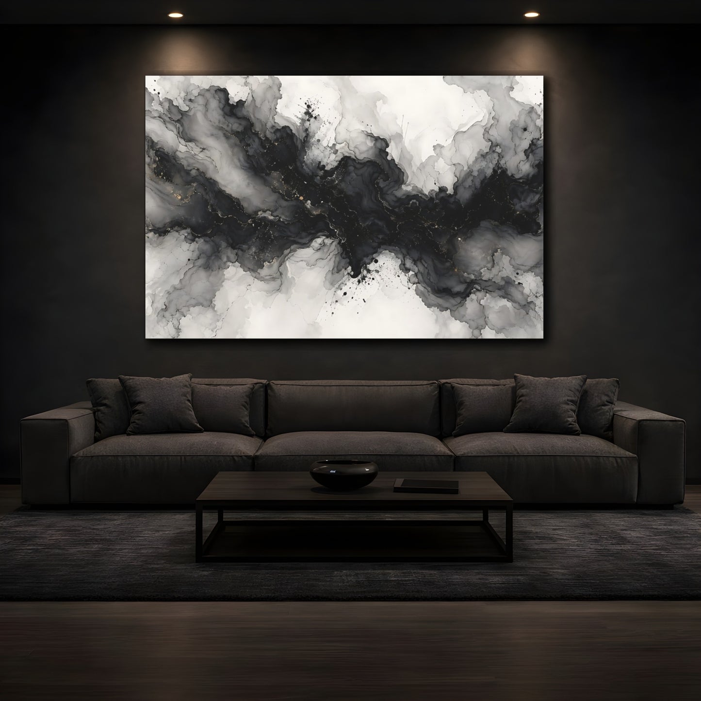 Mockup 4. Abstract Ink Flow Black And Gold shown as stretched canvas wall art