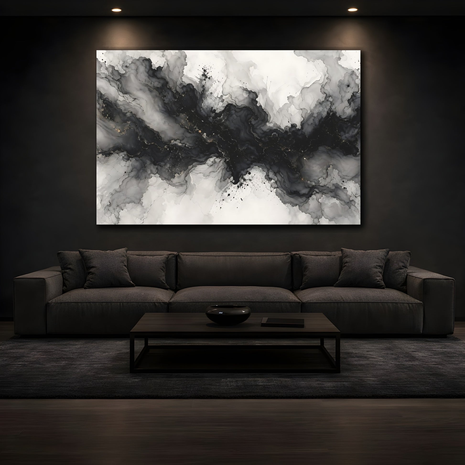Mockup 4. Abstract Ink Flow Black And Gold shown as stretched canvas wall art