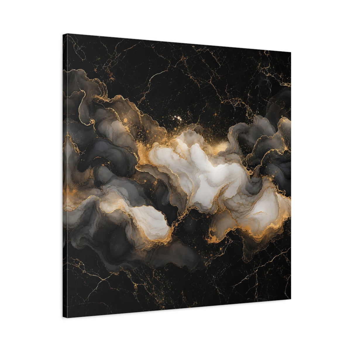 Main Mockup. Abstract Ink Flow Black Gold Marble shown as stretched canvas wall art
