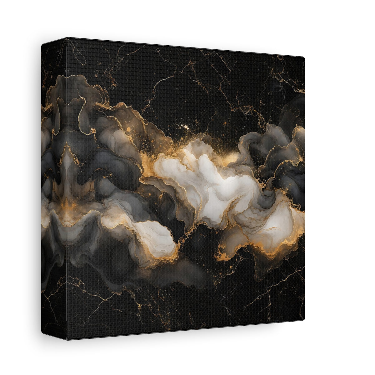 Side Mockup 2. Abstract Ink Flow Black Gold Marble shown as stretched canvas wall art