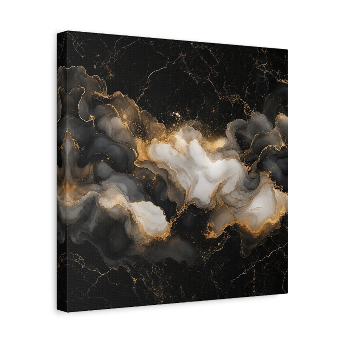 Side Mockup 7. Abstract Ink Flow Black Gold Marble shown as stretched canvas wall art