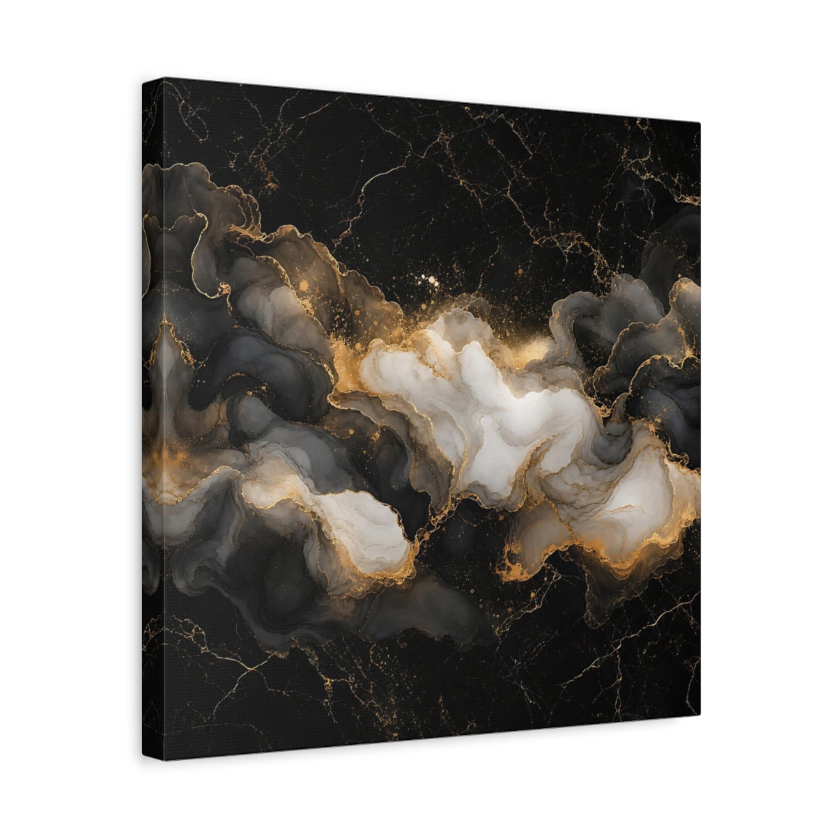 Side Mockup 6. Abstract Ink Flow Black Gold Marble shown as stretched canvas wall art