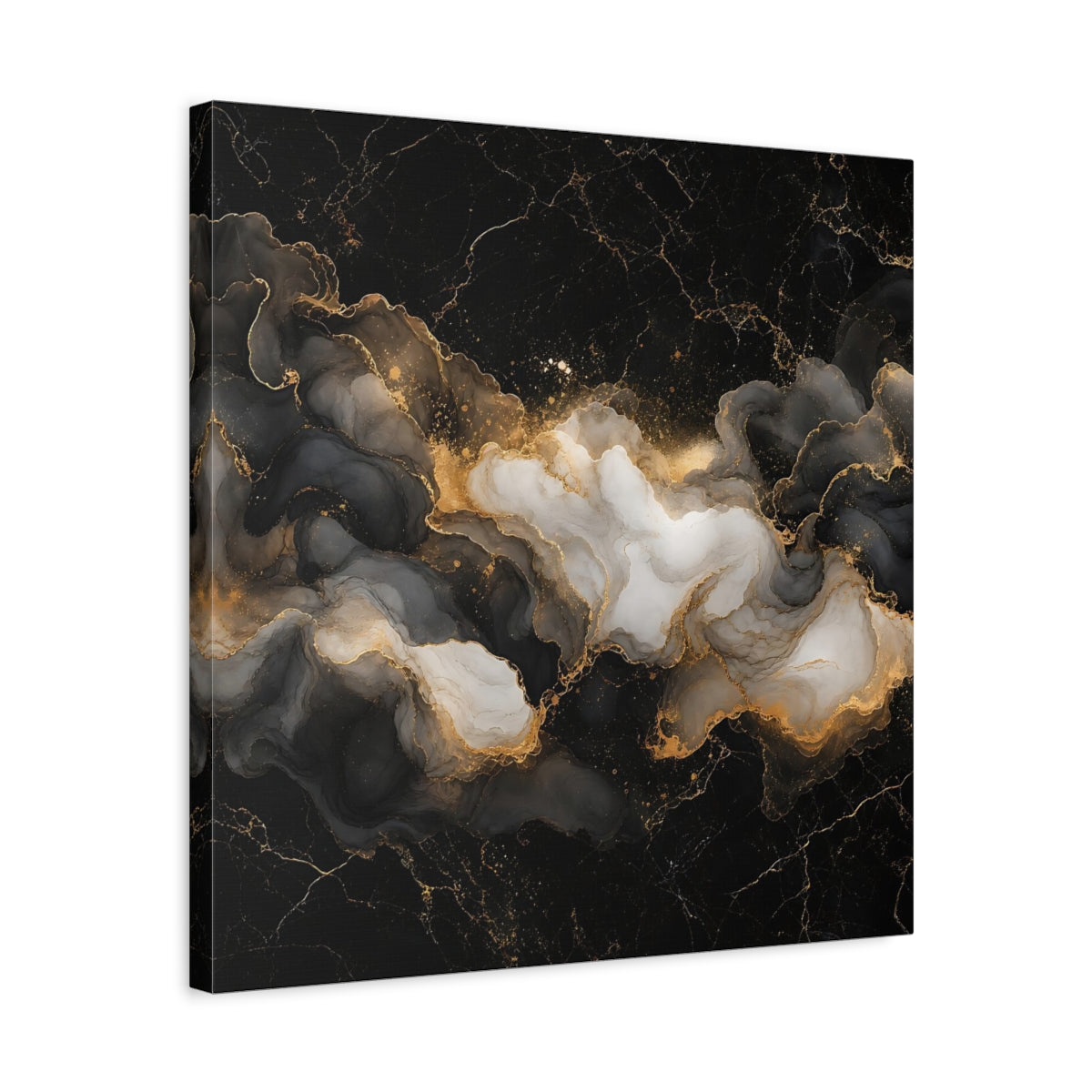 Side Mockup 5. Abstract Ink Flow Black Gold Marble shown as stretched canvas wall art