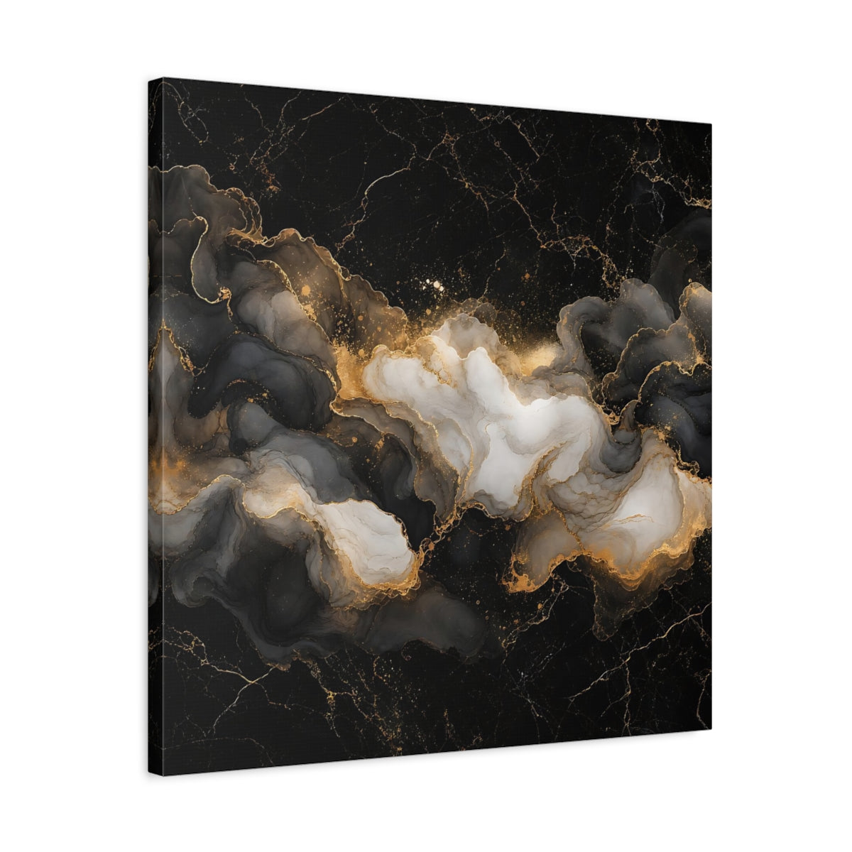 Side Mockup 4. Abstract Ink Flow Black Gold Marble shown as stretched canvas wall art