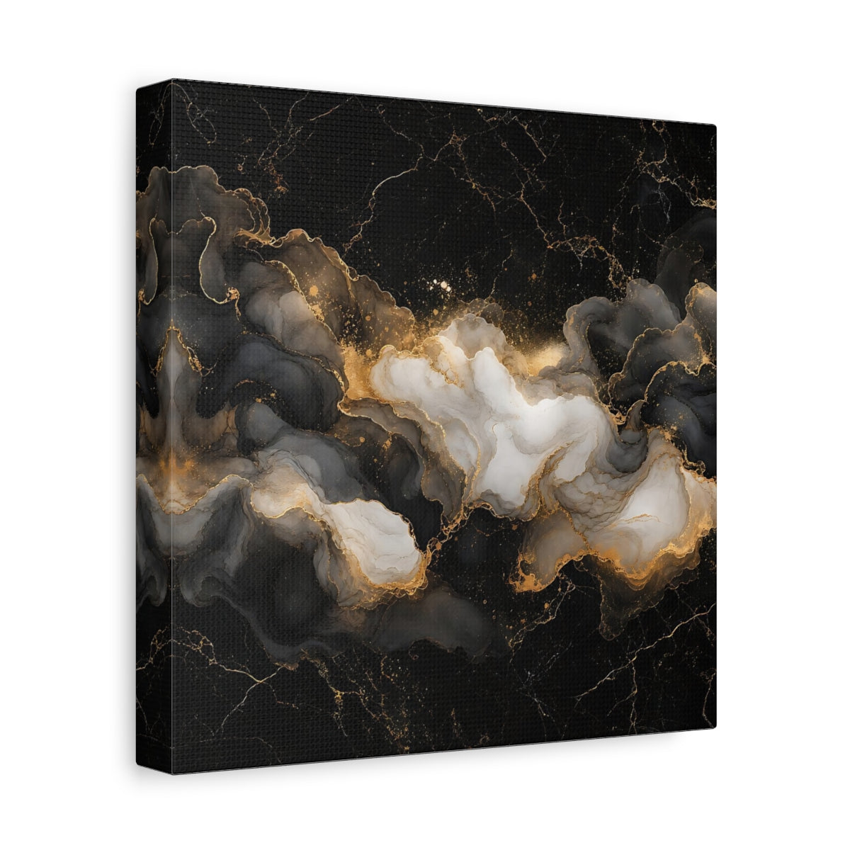 Side Mockup 9. Abstract Ink Flow Black Gold Marble shown as stretched canvas wall art