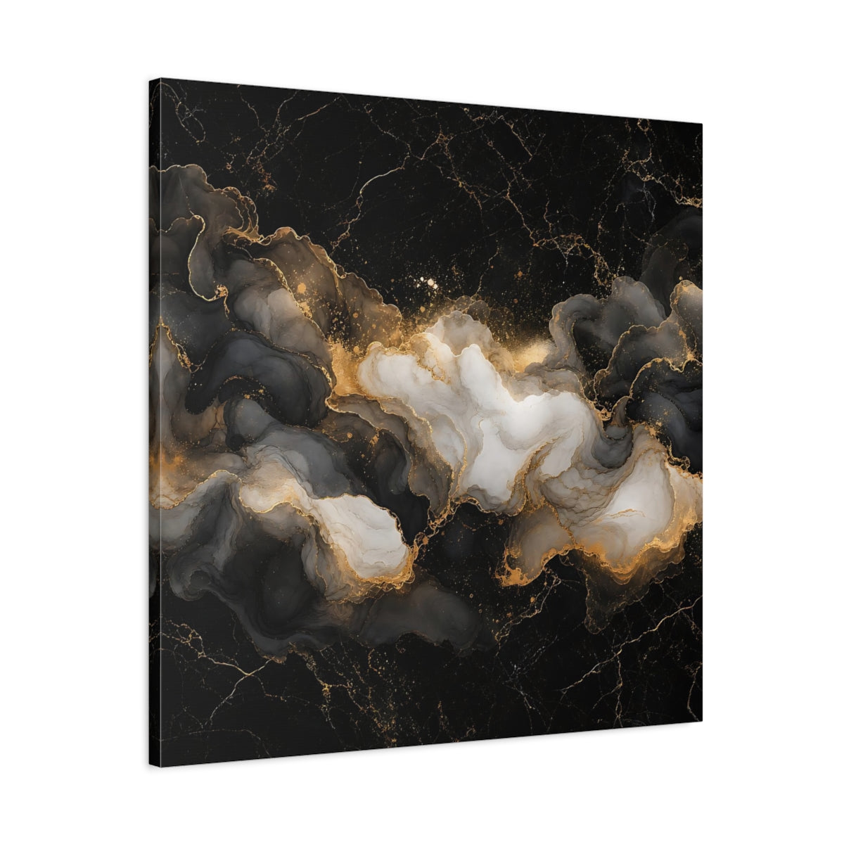 Side Mockup 3. Abstract Ink Flow Black Gold Marble shown as stretched canvas wall art