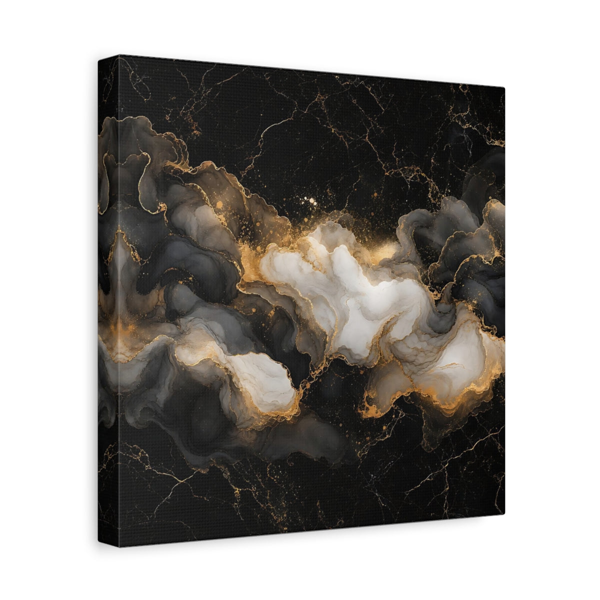 Side Mockup 8. Abstract Ink Flow Black Gold Marble shown as stretched canvas wall art