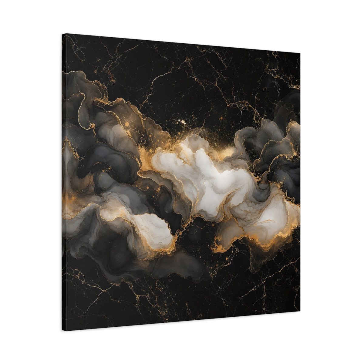 Side Mockup 1. Abstract Ink Flow Black Gold Marble shown as stretched canvas wall art