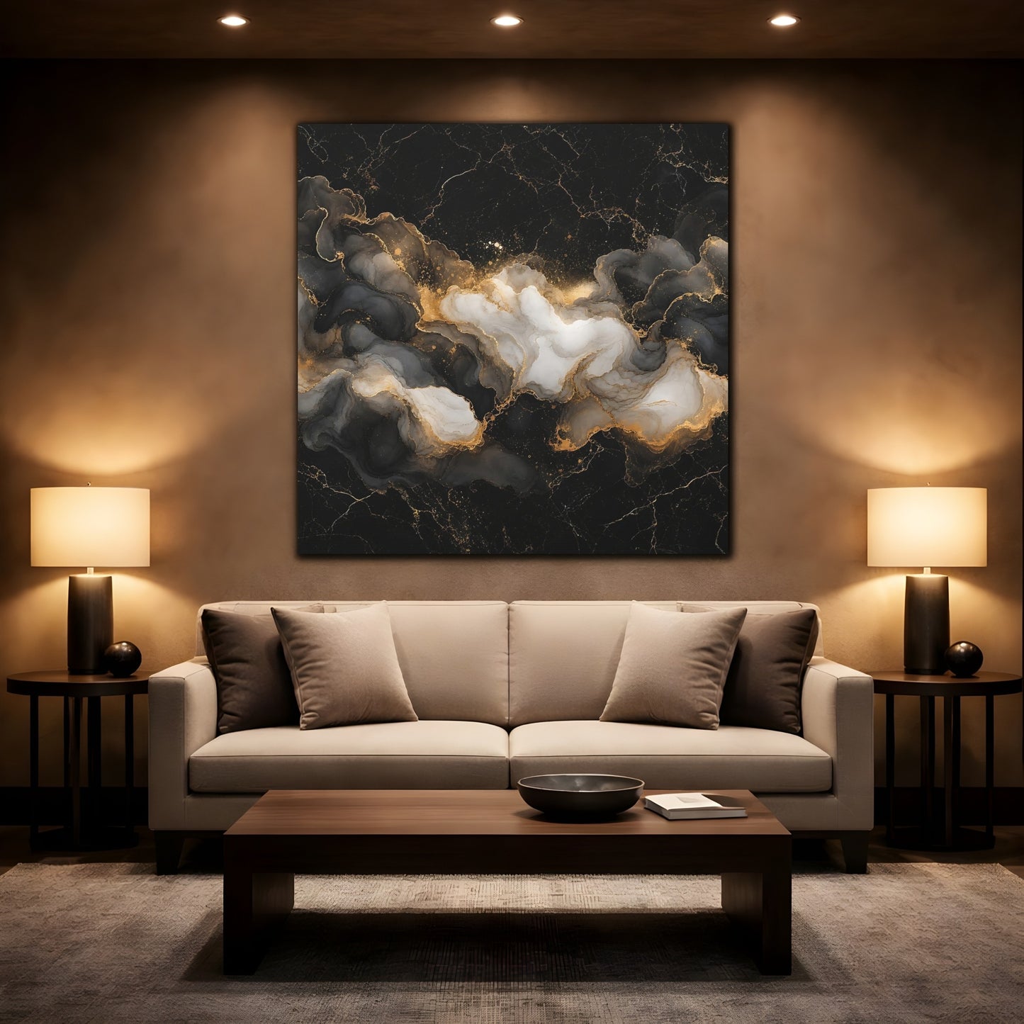 Mockup 2. Abstract Ink Flow Black Gold Marble shown as stretched canvas wall art