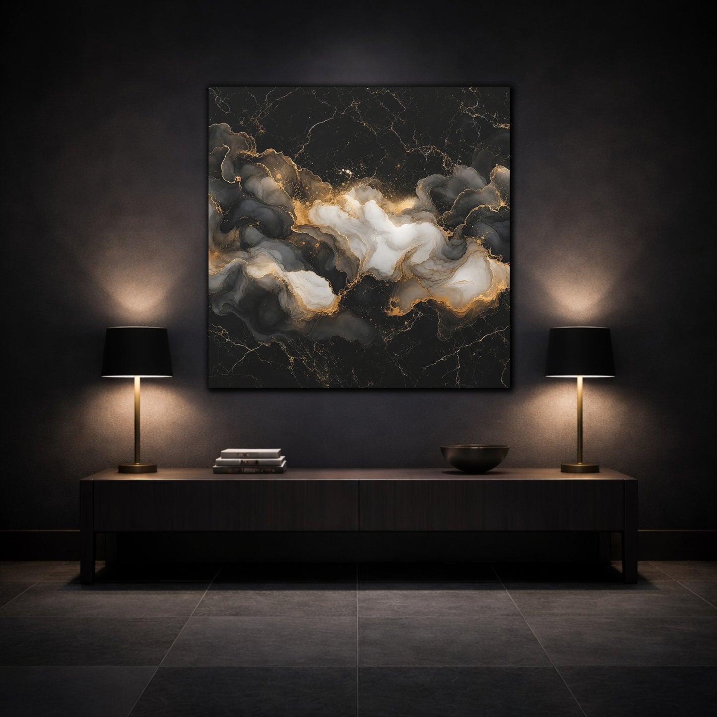 Mockup 3. Abstract Ink Flow Black Gold Marble shown as stretched canvas wall art