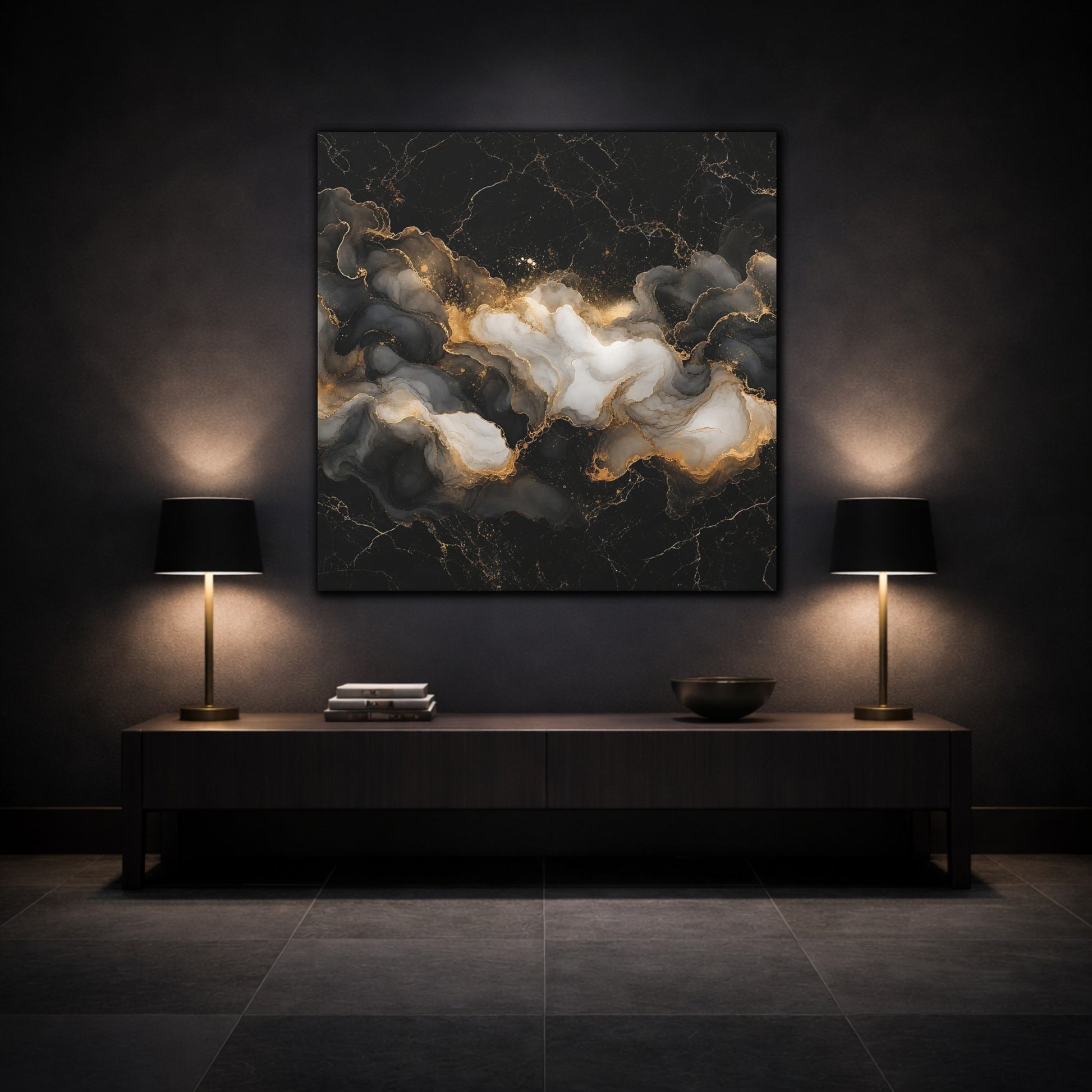 Mockup 3. Abstract Ink Flow Black Gold Marble shown as stretched canvas wall art