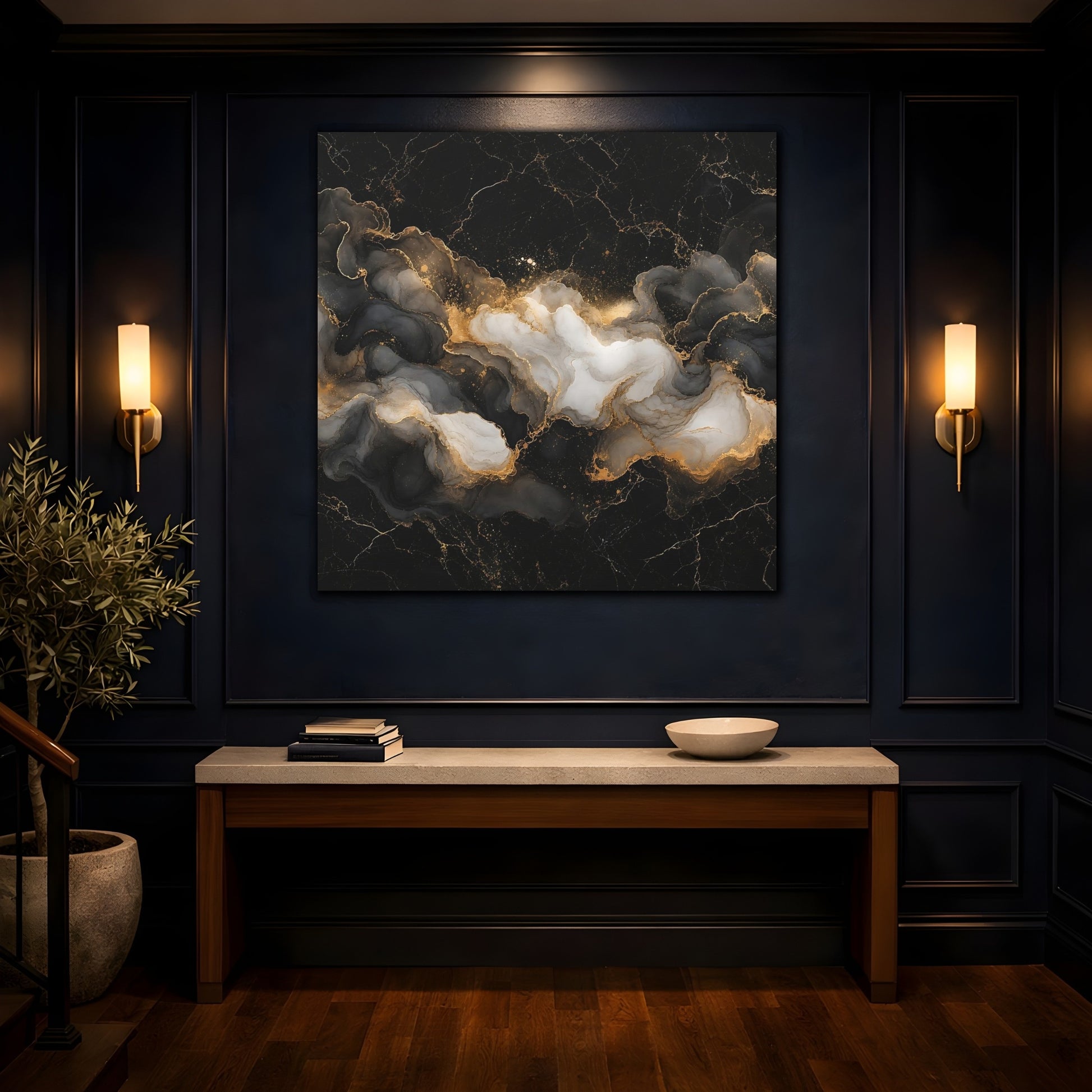 Mockup 4. Abstract Ink Flow Black Gold Marble shown as stretched canvas wall art