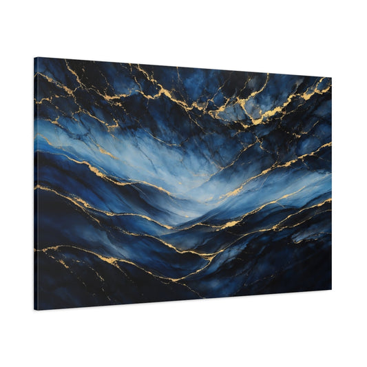 Main Mockup. Abstract Ink Flow Blue And Gold shown as stretched canvas wall art