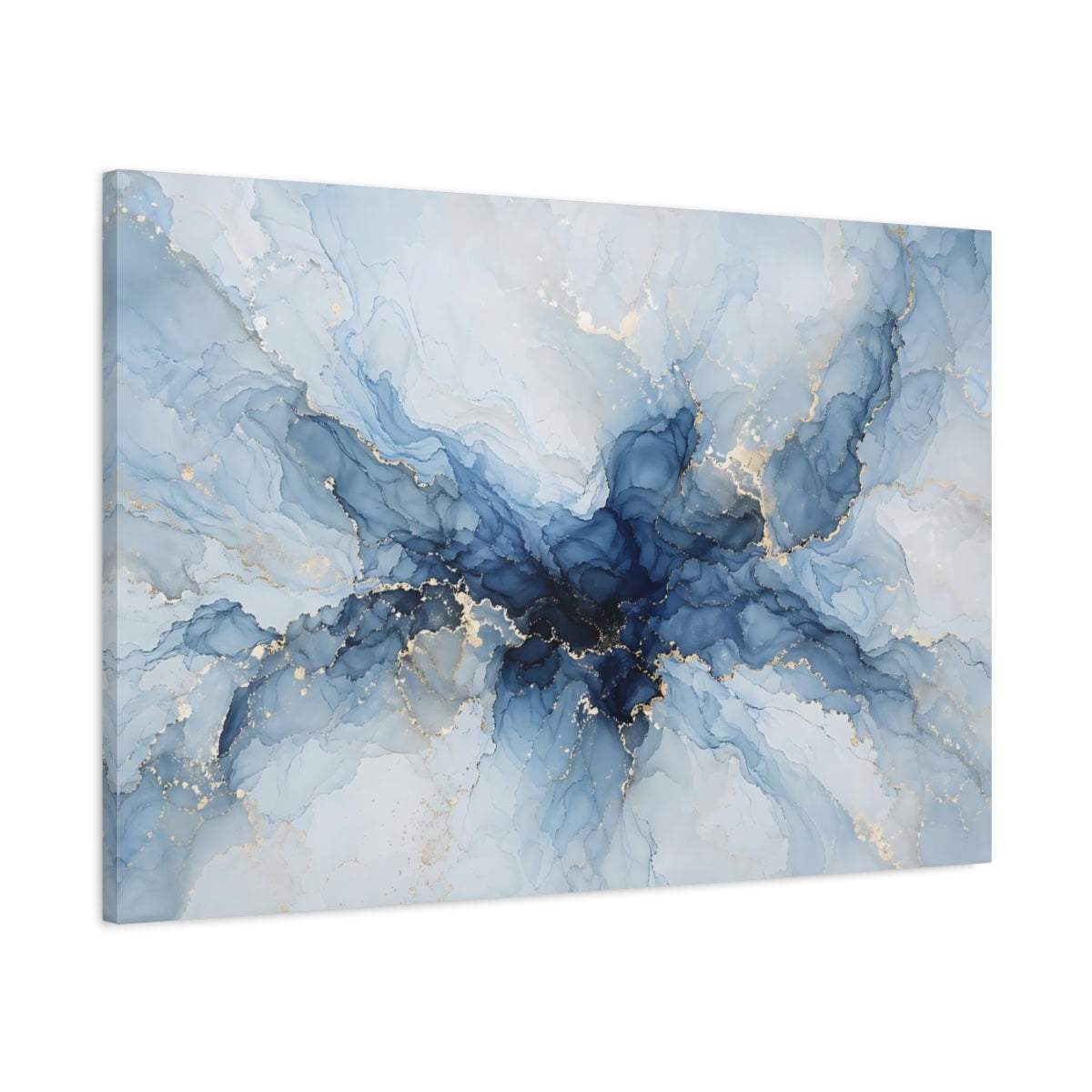Main Mockup. Abstract Ink Flow Blue And Gold shown as stretched canvas wall art
