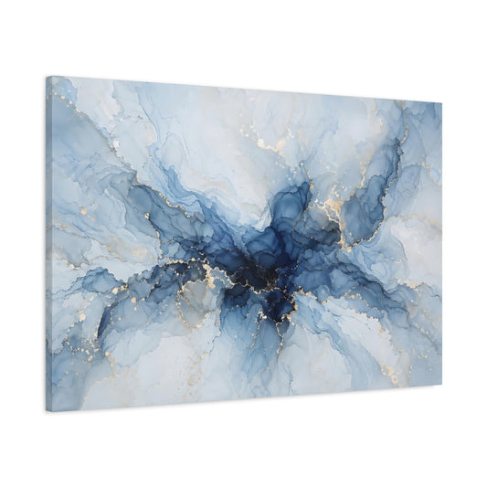 Main Mockup. Abstract Ink Flow Blue And Gold shown as stretched canvas wall art