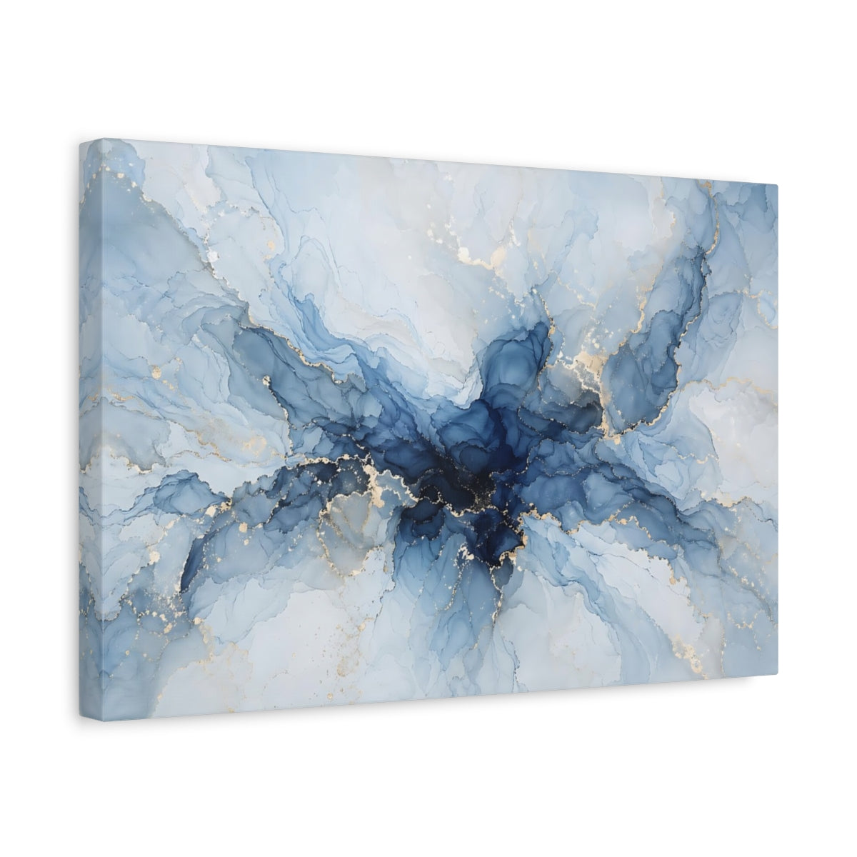 Side Mockup 4. Abstract Ink Flow Blue And Gold shown as stretched canvas wall art
