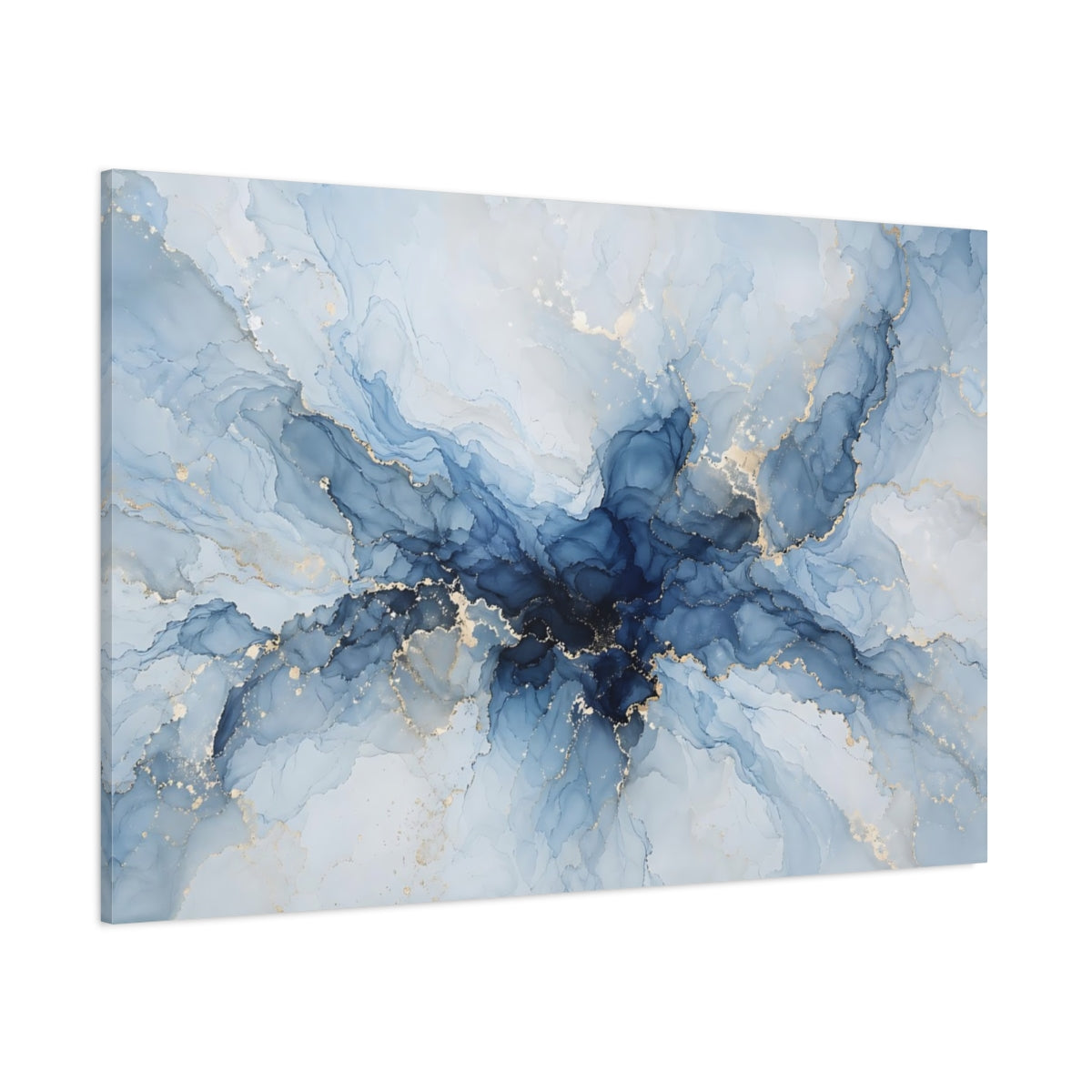 Side Mockup 1. Abstract Ink Flow Blue And Gold shown as stretched canvas wall art