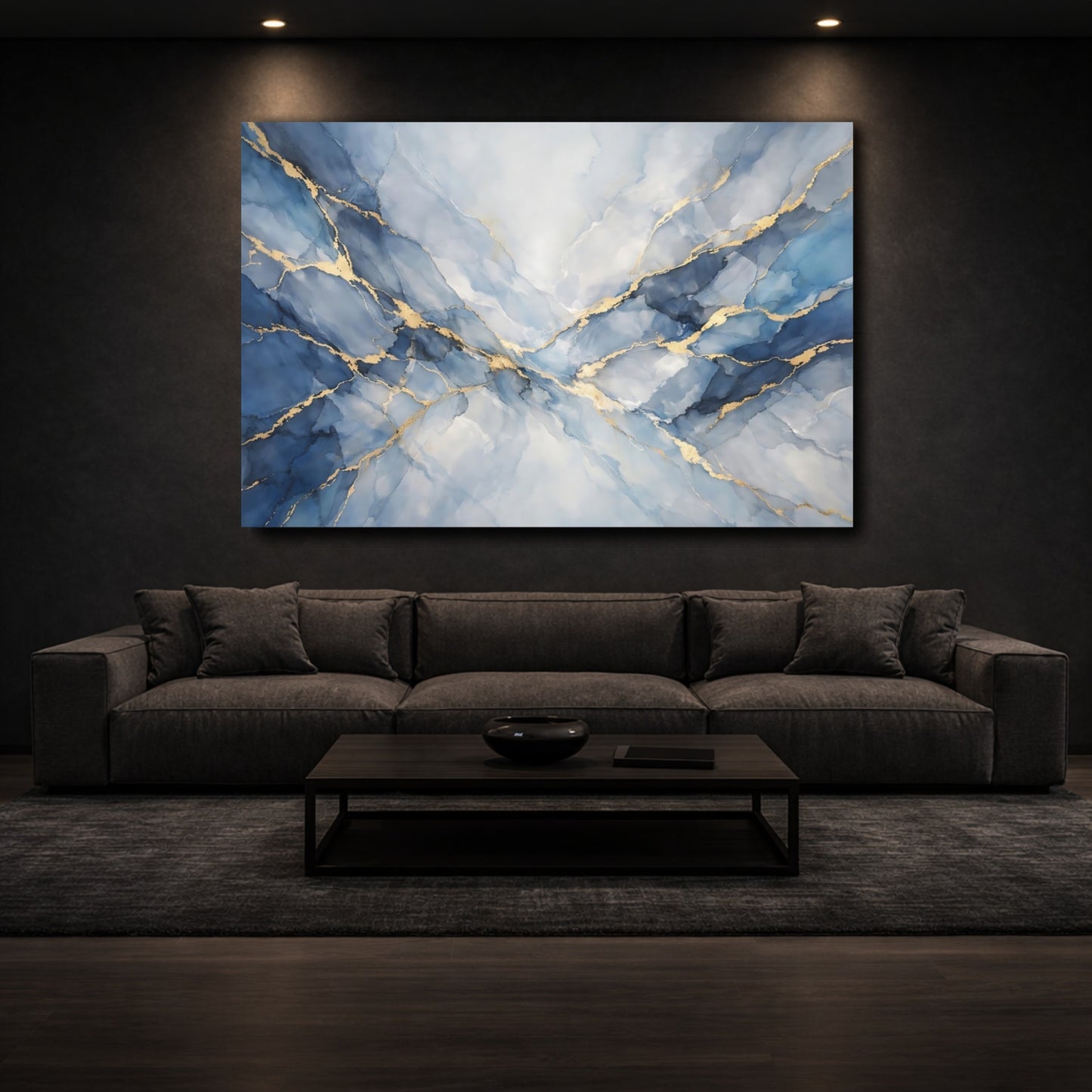 Mockup 2. Abstract Ink Flow Blue And Gold shown as stretched canvas wall art