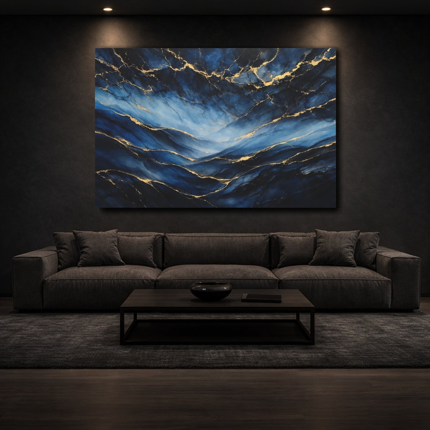 Mockup 2. Abstract Ink Flow Blue And Gold shown as stretched canvas wall art
