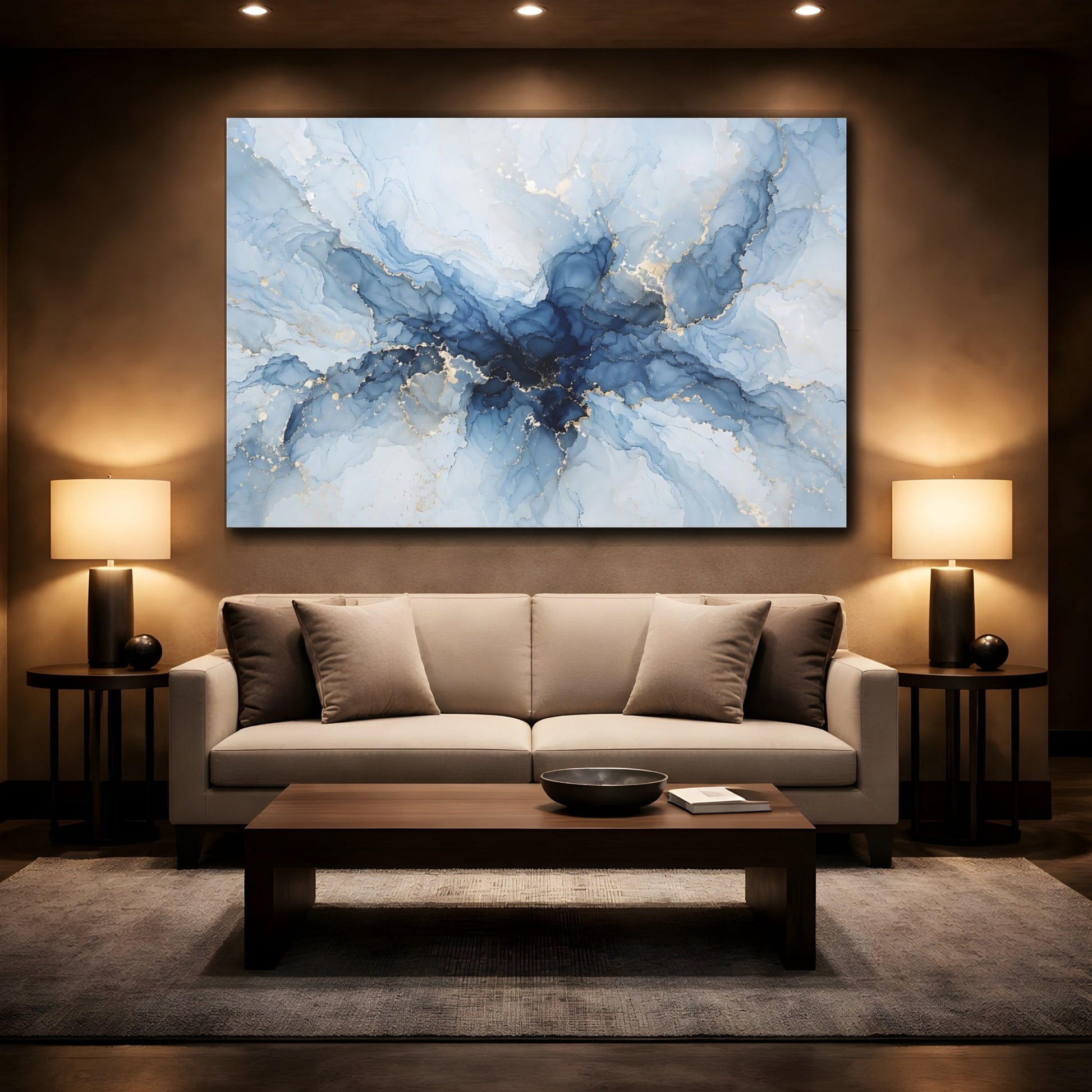 Mockup 2. Abstract Ink Flow Blue And Gold shown as stretched canvas wall art