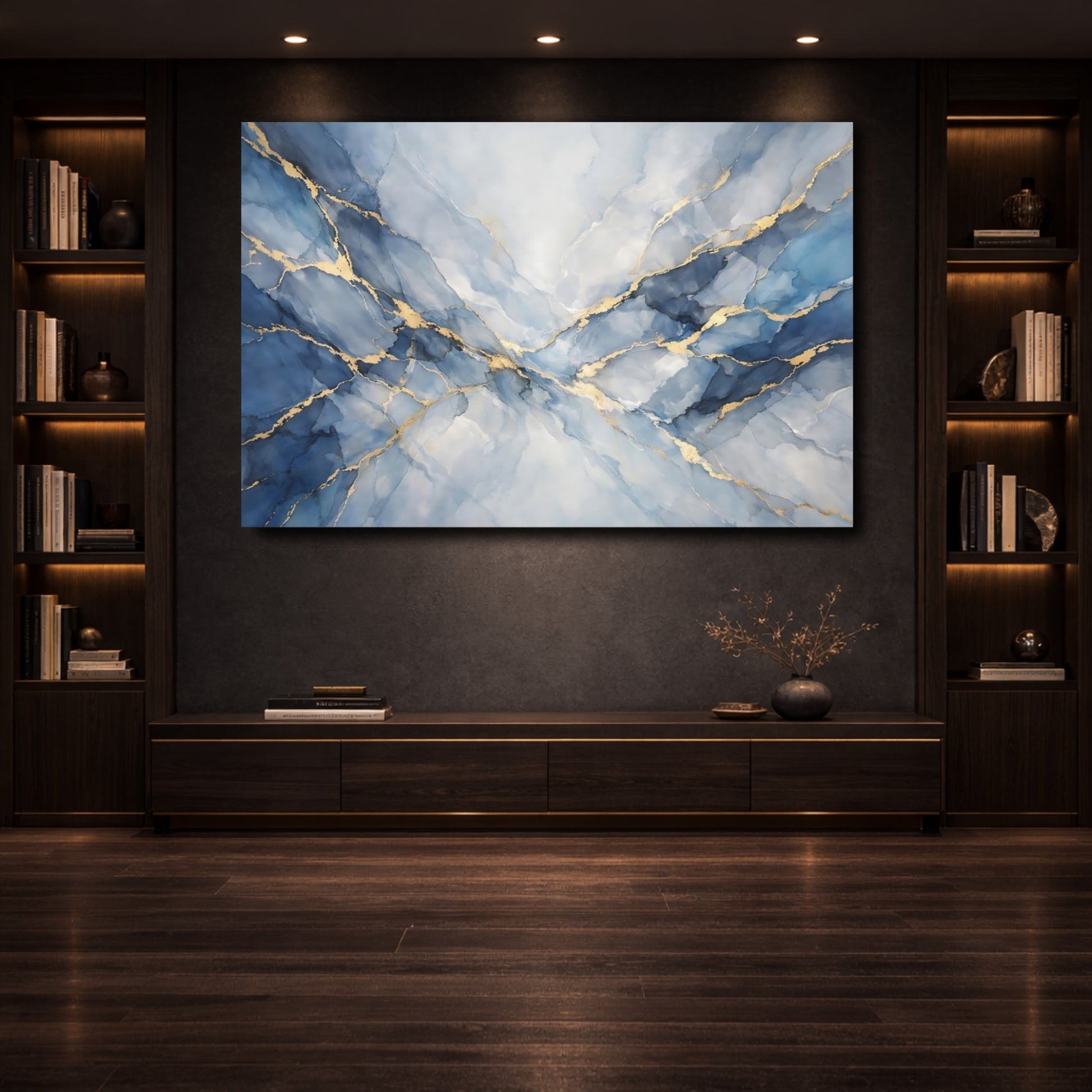 Mockup 3. Abstract Ink Flow Blue And Gold shown as stretched canvas wall art